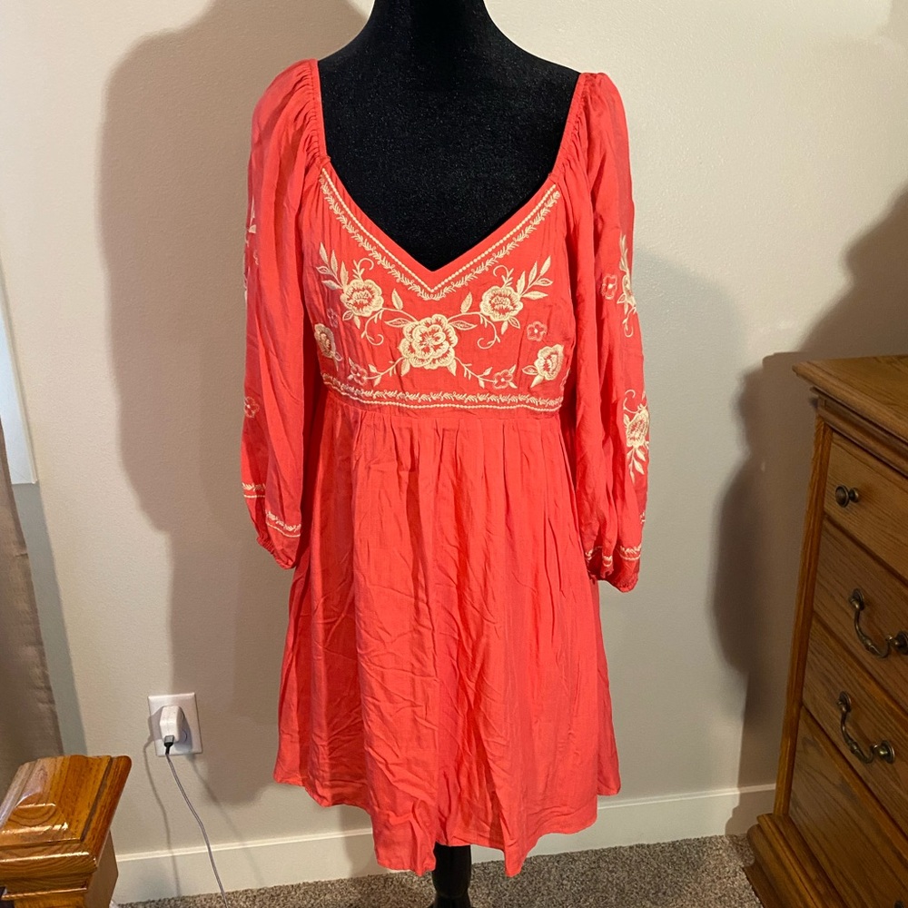 Savanna Jane Coral Long Sleeve Dress with Cream Embroidery